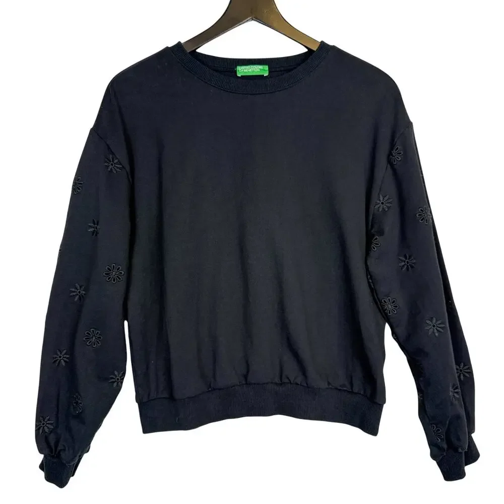 United Colors of Benetton Embroidered Flowers Sleeves Sweatshirt Black - L